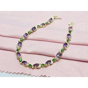 Unique 14K Yellow Gold Designer Amethyst & Emerald Tennis Link Bracelet 7.25" L